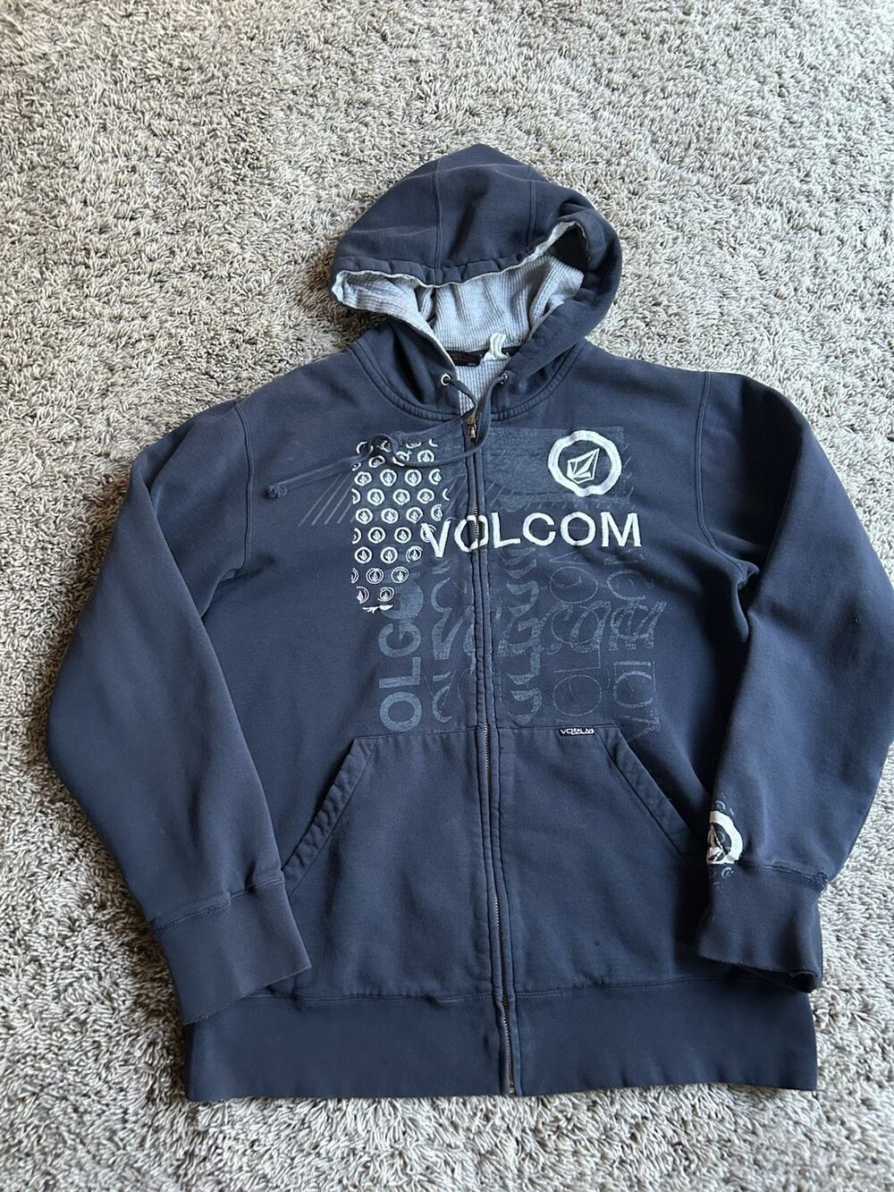 Y2K Vtg Volcom Hoodie sz S Full Zip Navy Skate Grunge Thermal Lined Navy G26